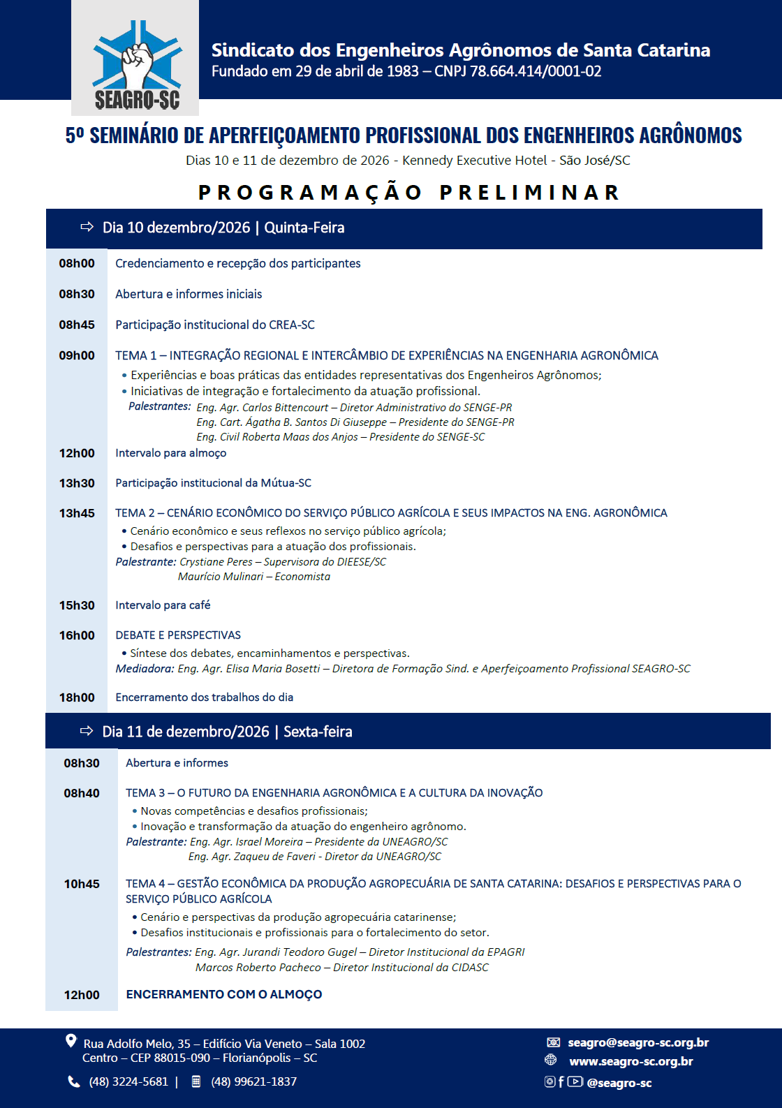5º Seminário de Aperfeiçoamento Profissional dos Engenheiros Agrônomos - Dias 10 e 11/12/2026