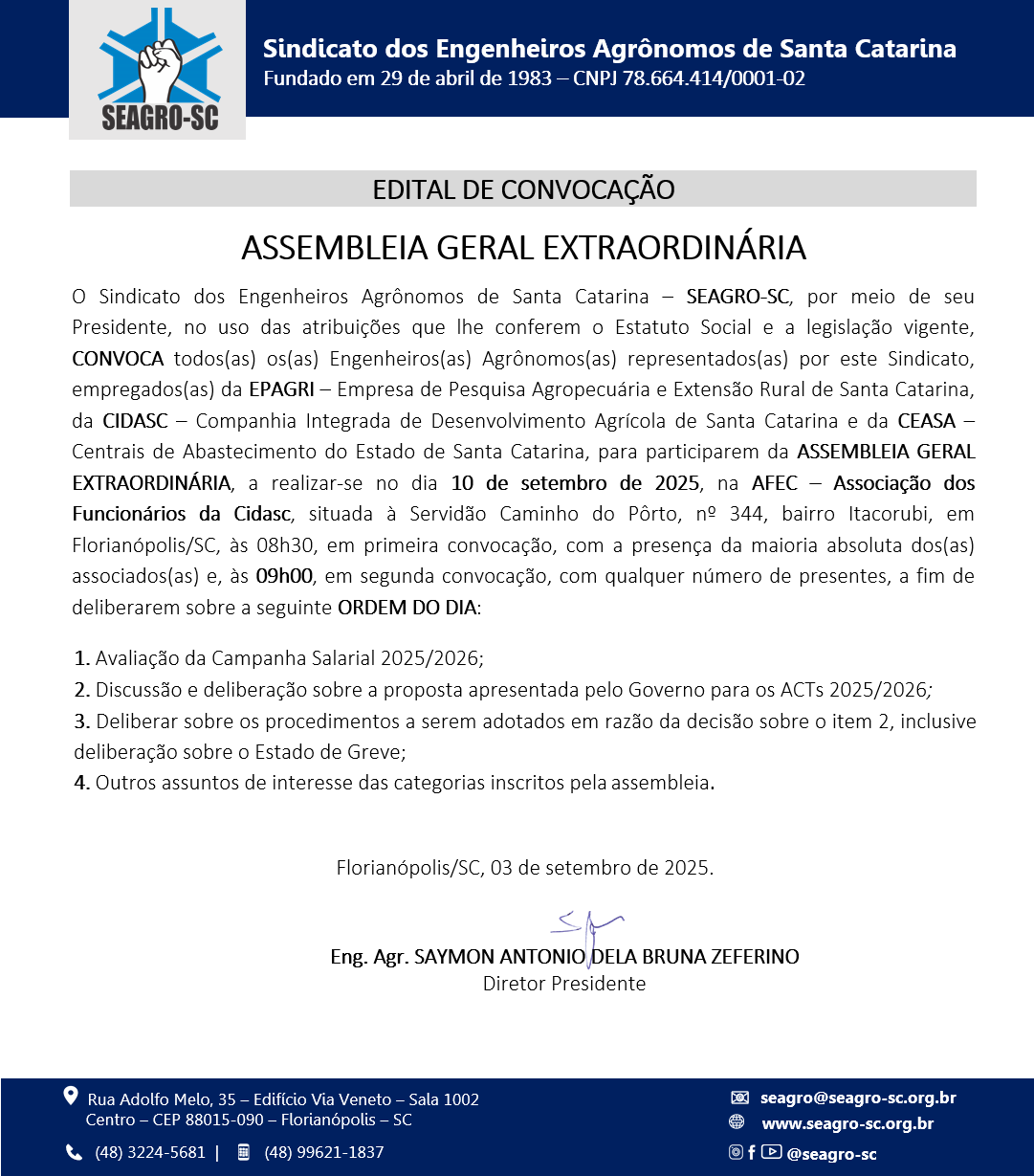 Assembleia Geral Extraordinária - Campanha Salarial 2025/2026 - Mobilização e apreciação da proposta do Governo - Epagri, Cidasc e Ceasa