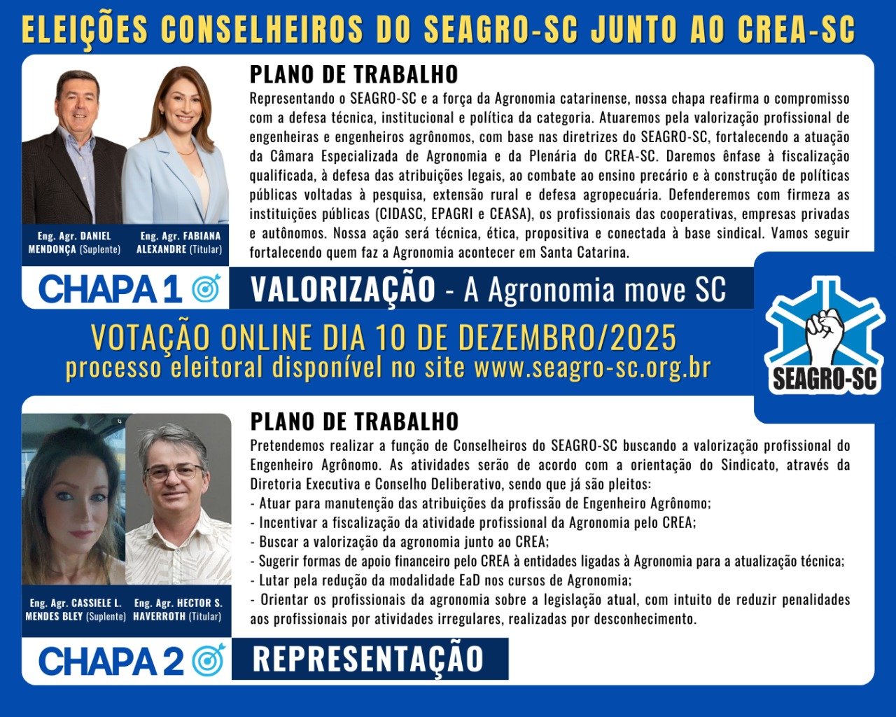 Chapas concorrentes à Eleição de Conselheiros do SEAGRO-SC junto ao CREA-SC, com votação no dia 10/12/2025