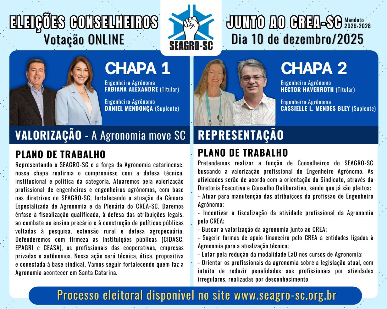 Chapas concorrentes nas eleições conselheiros do SEAGRO-Sc junto ao CREA-SC