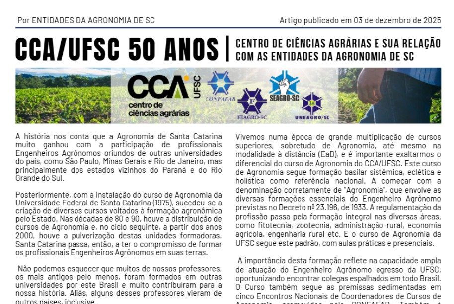Artigo das Entidades da Agronomia - FEAGRO-SC, SEAGRO-SC e UNEAGRO/SC - publicado como capítulo 31 do E-book comemorativo aos 50 anos do CCA/UFSC