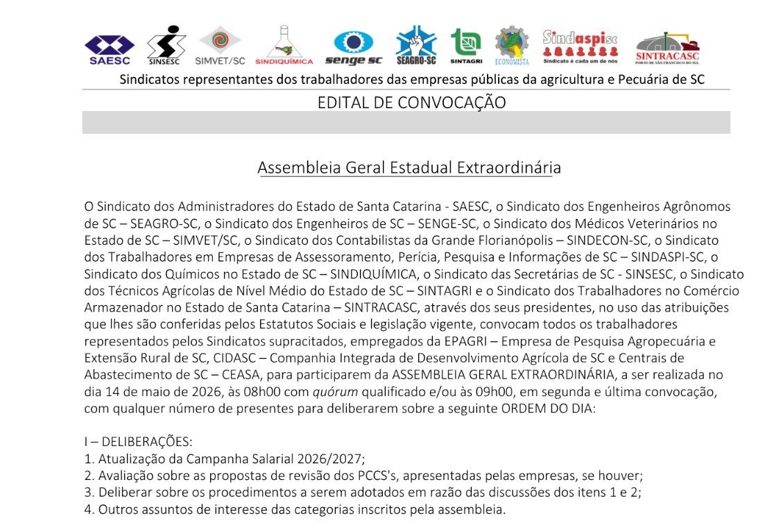 ASSEMBLEIA GERAL EXTRAORDINÁRIA - Dia 14/05/2026 em Florianópolis